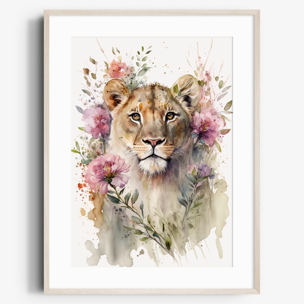 Cute Floral Lioness Watercolor Wall Art Illustration Print Poster Card Unframed